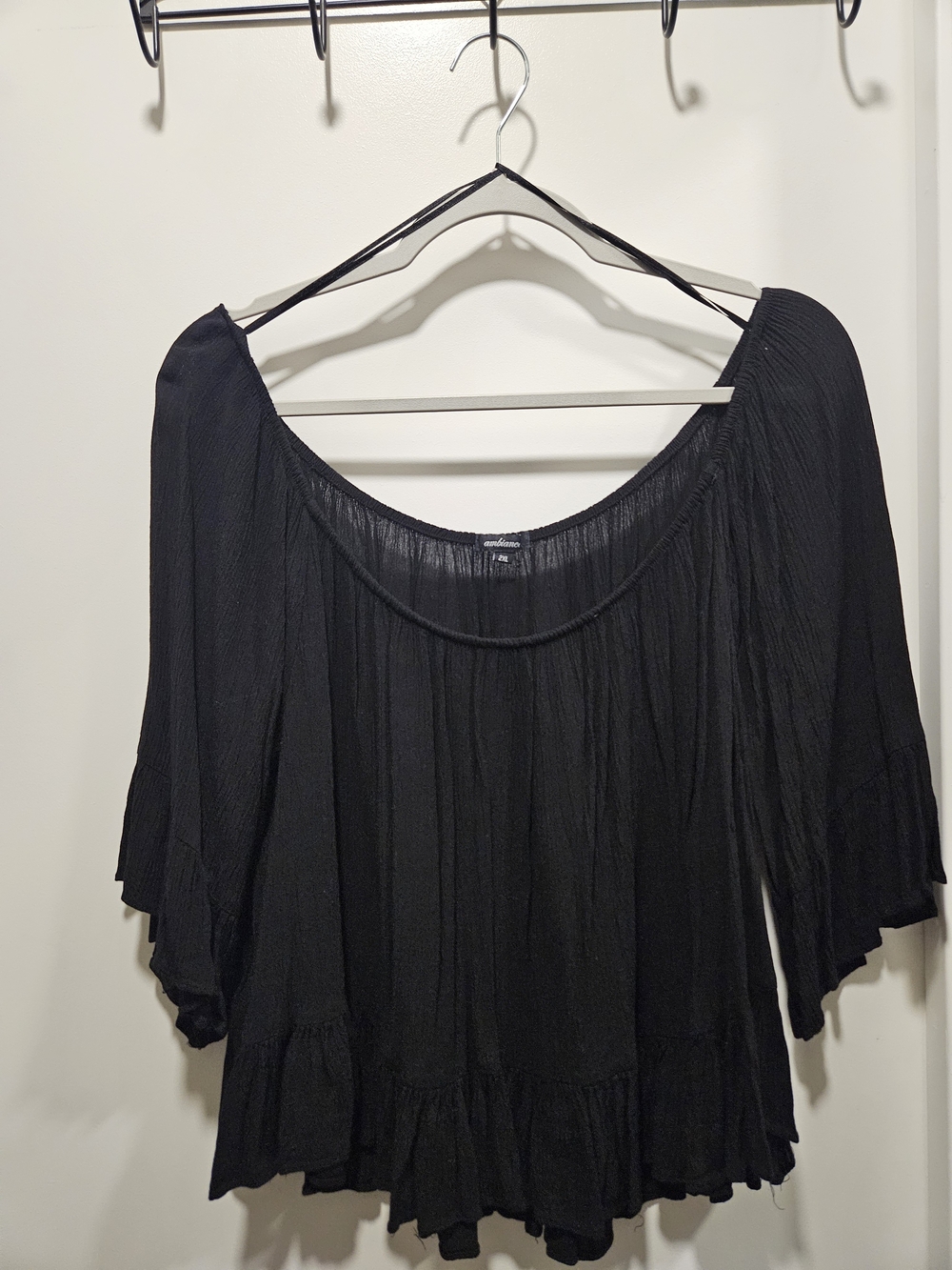 Ambiance Black Peasant Blouse with Ruffled Hem